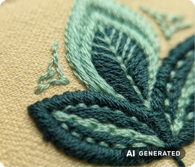AI-genererad bild. N&auml;rbild p&aring; ett sm&ouml;rgult broderat m&auml;rke med mintgr&ouml;na blad.