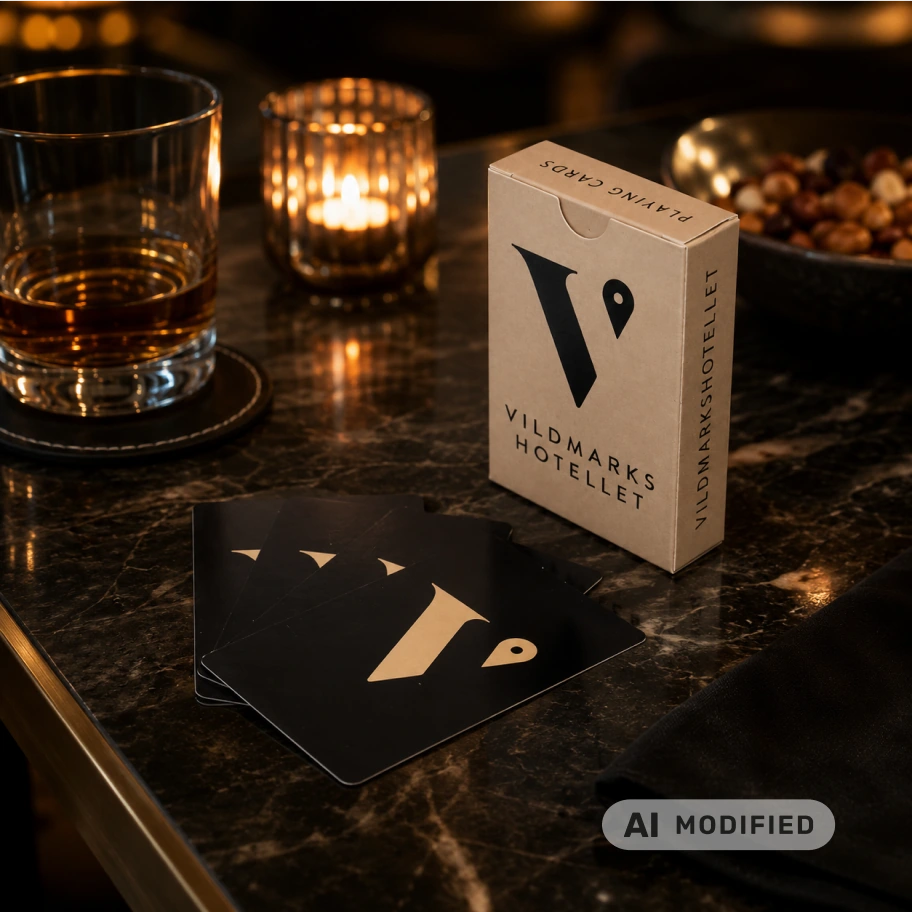 Vildmarkshotellets kortlåda med svarta spelkort, whisky och ljus på mörkt marmorbord, bilden är AI-modifierad.
