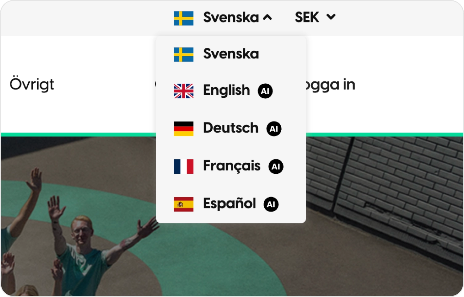 Spr&aring;kv&auml;ljaren i en webbshop &ouml;ppen med svenska, engelska, tyska, franska och spanska, samt valutav&auml;ljaren SEK.