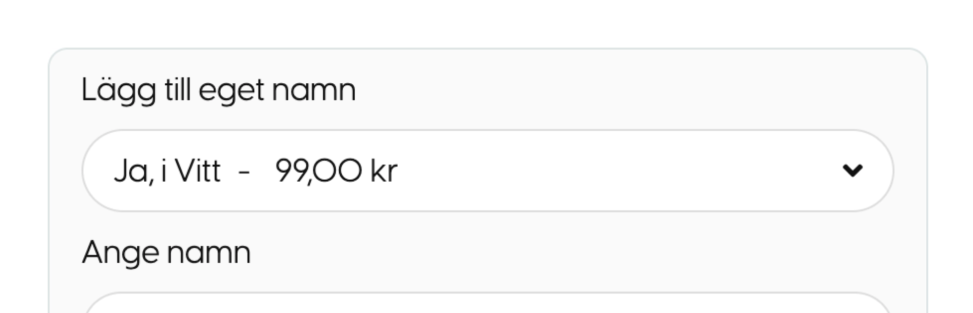 En produktsida d&auml;r ett f&auml;rgtillval med eget pris och ett ifyllt namnf&auml;lt visas.