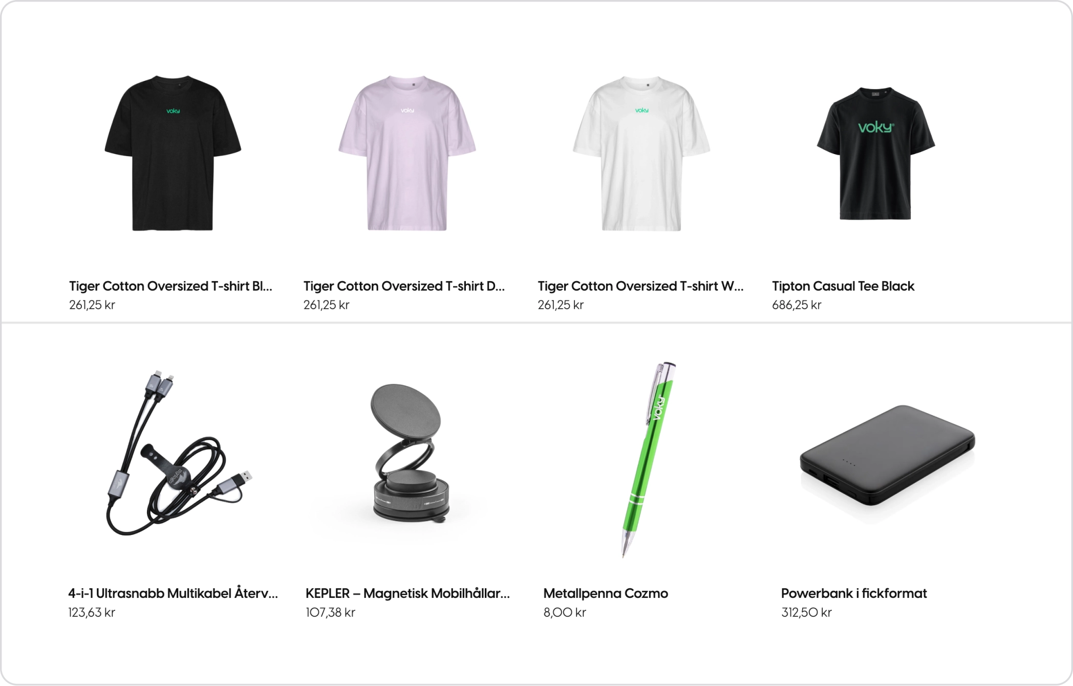 Produktrader ur två delar av sortimentet i samma webbshop, kläder överst och merch under.